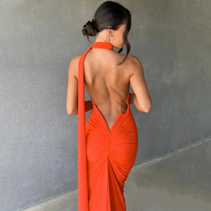 Hugcitar One Shoulder Backless Adjustable Scarf Loop Ruched Sexy Maxi Dress 2025 Women Elegant Y2K Streetwear Festival Outfit