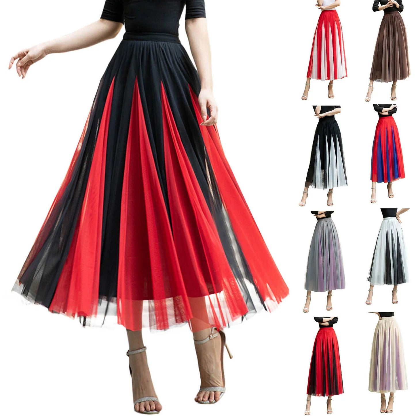 Women Color Block A-line Skirt Mid Length Drape Feeling High Waist Slim Mesh Skirts Carnival Festival Party Performance Costume