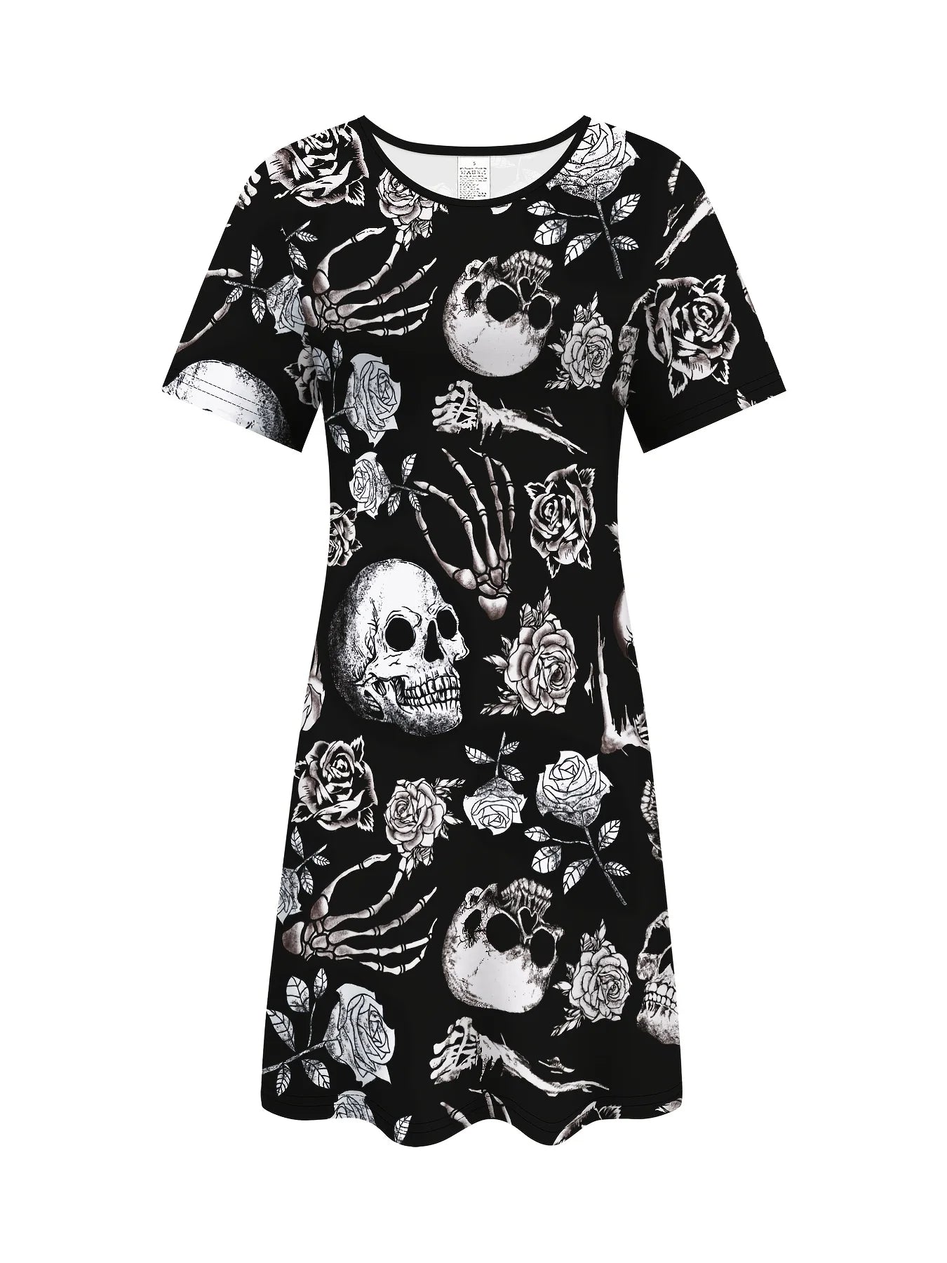Black gothic skull dress for women featuring skulls and roses for a stylish look