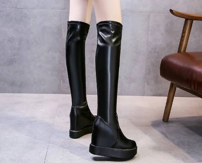 Knee Thigh High New In Women's Boots Genuine Leather Fur Long Shoes for Women Winter 2025 Wedges Chunky Platform Heeled Black