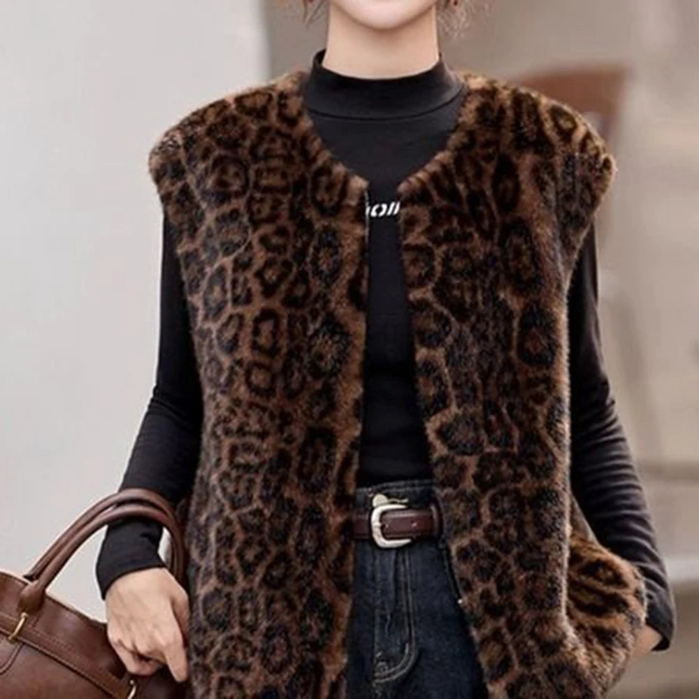 Winter fashion  casual senior sense thin  fur integrated leopard print vest warm top clothing  chalecos para mujer