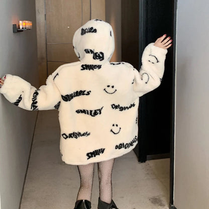 Jackets For Women 2022 Winter Cashmere Chic Printing Hooded Fashion Street Outerwear Sweet Casual College Women's jacket Coat