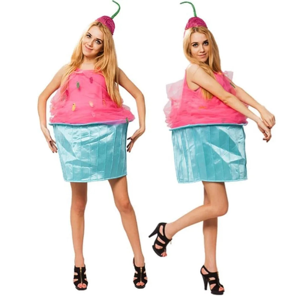 Women modeling a fun women's cupcake costume with pink top and blue skirt, perfect for parties