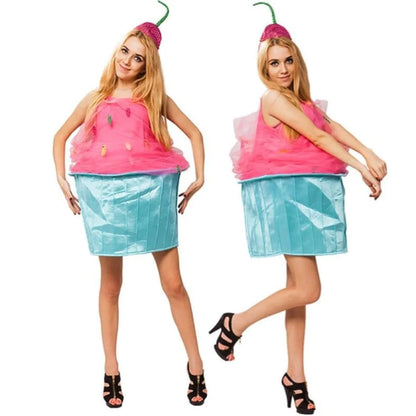 Women modeling a fun women's cupcake costume with pink top and blue skirt, perfect for parties