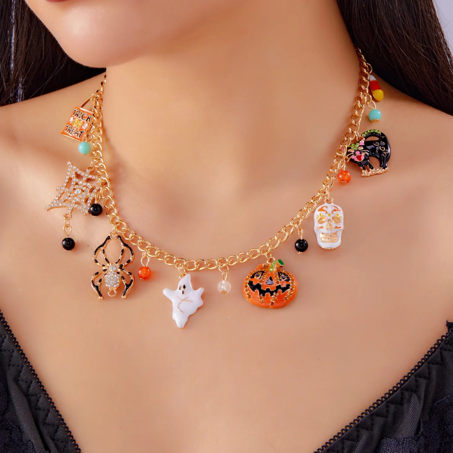 EtherealBe Halloween pumpkin necklace and bracelet set with colorful charms for festive wear