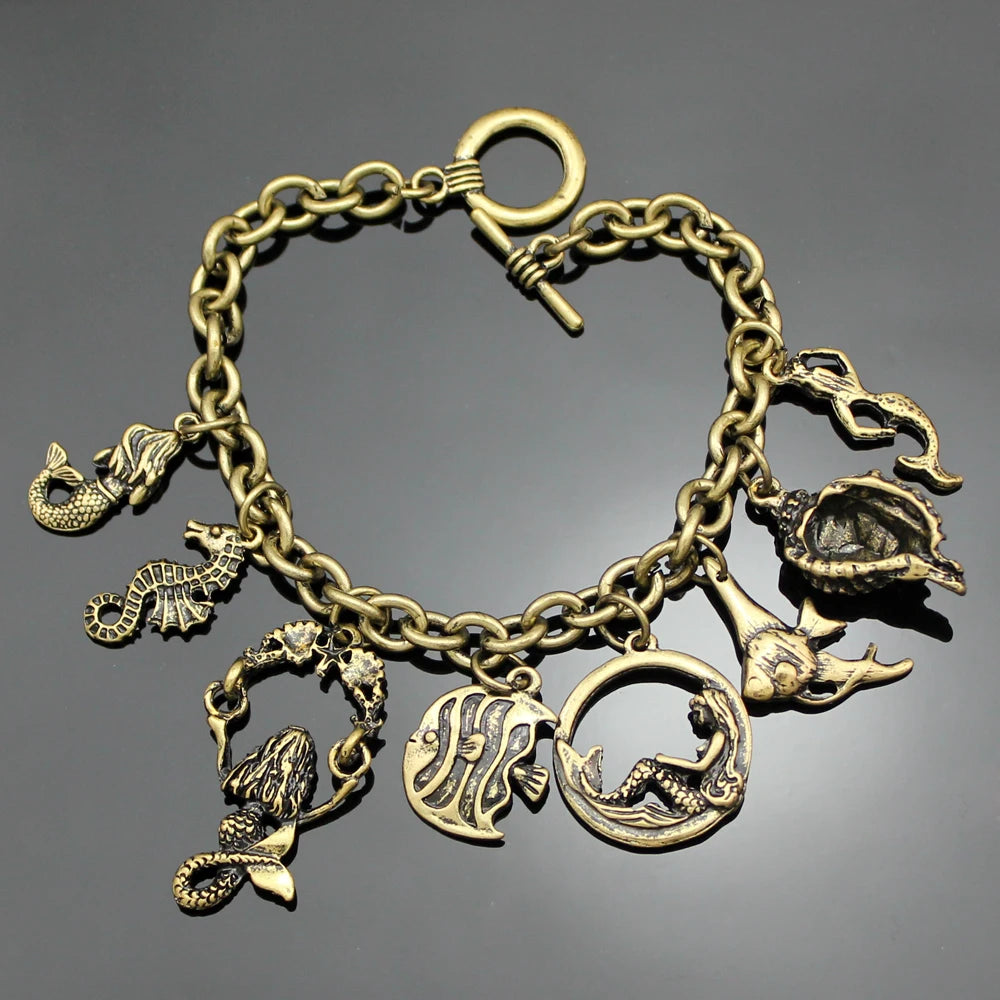 Women's Mythology Fairytale Bracelets Beads Charms Mermaid Seahorse Link Chain Crystal Bangle Armband Aesthetic Jewelry Vintage