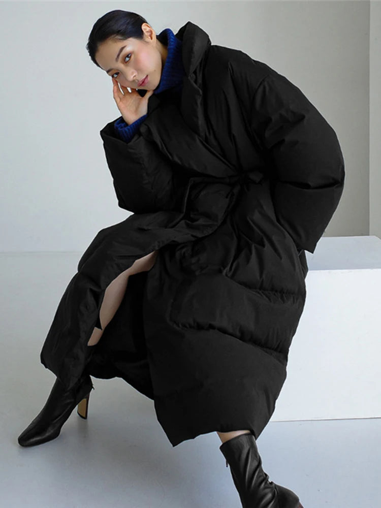 Winter New Stand Collar Long Down Jackets Loose Belt Long Sleeve Warm Coat Fashion Solid Cotton Padded Warm Down Overcoat Women