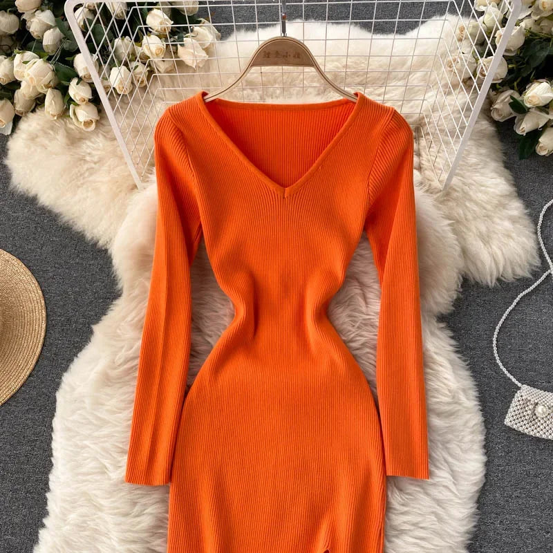 Autumn Winter Sexy High Split Sweater Dress Women Full Sleeve Basic Slim Elastic Bodycon Long Dress Party Vestidos