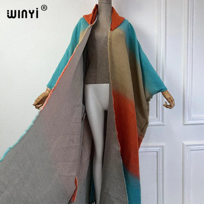 WINYI Winter coat outfits Women boho dress print Thick Warm Female kaftan loose cardigan dress Hooded mop coat fashion Abaya