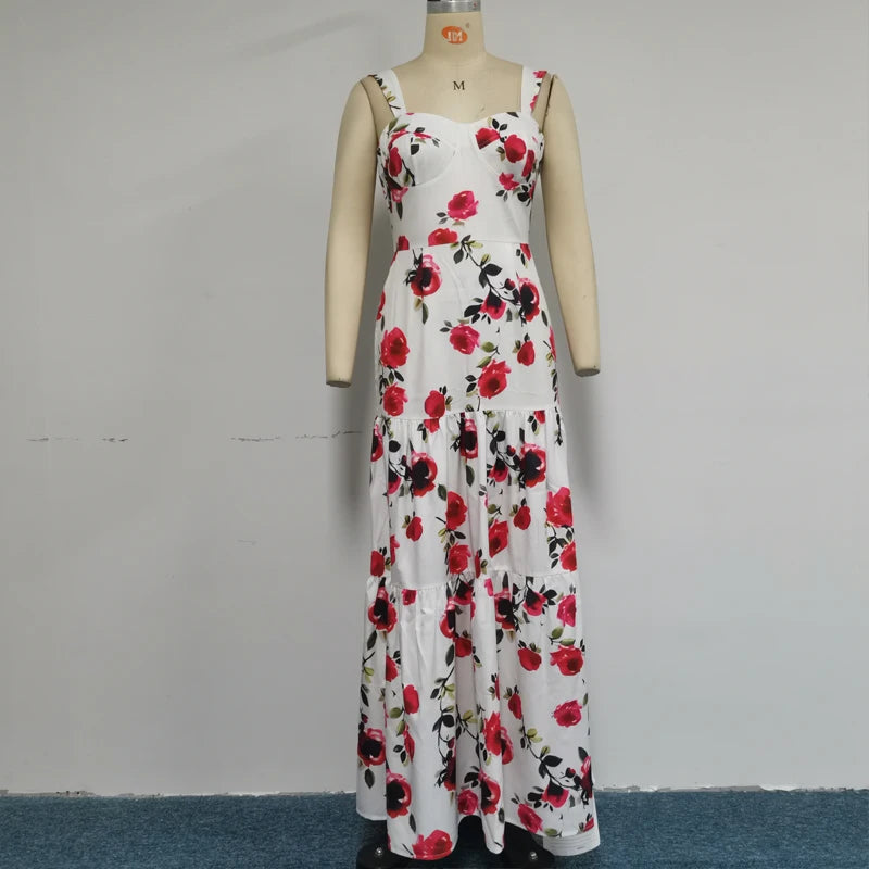 Ellafads Maxi Dress Women Summer Elegant Fashion Floral Print Suspender Sleeveless Slim Backless Evening Beach Maxi Dresses