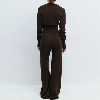 Women Loungewear 2 Piece Pants Set Button Up Long Sleeve Crop Cardigans Sweater Low Waist Knitted Trousers Fall Winter Outfits