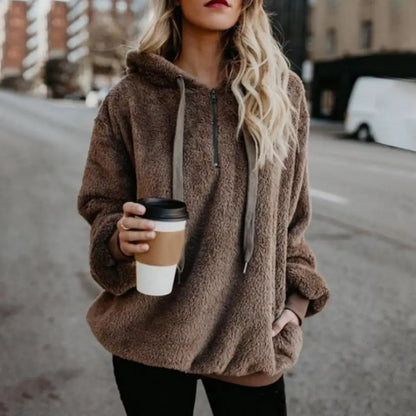 Winter Hoodies Long Sleeve Two Pockets Pullover Sweatshirt Plush Turtleneck Zipper Neck Women Fluffy Sweatshirt Outerwear