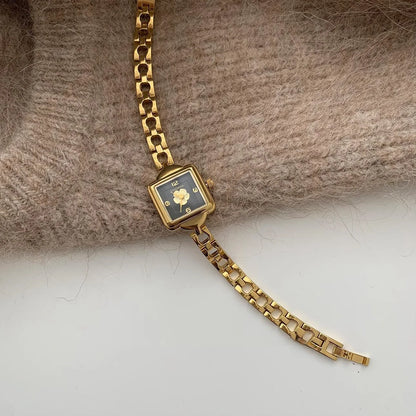 New vintage women's watch black gold camellia chain  light luxury fashionable square high-end women's quartz watch