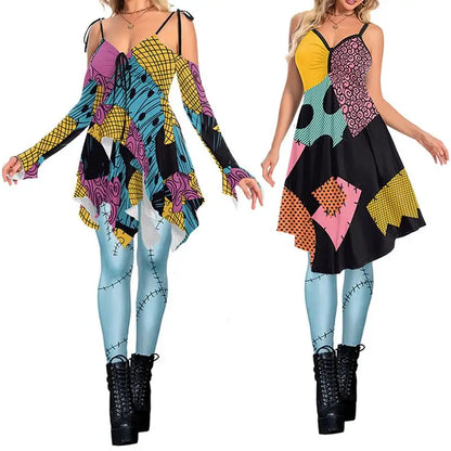 Zawaland Christmas Horror Sally Cosplay Costume Zombie Dress for Women Halloween Dress Up Funny Party Dresses Leggings Suit