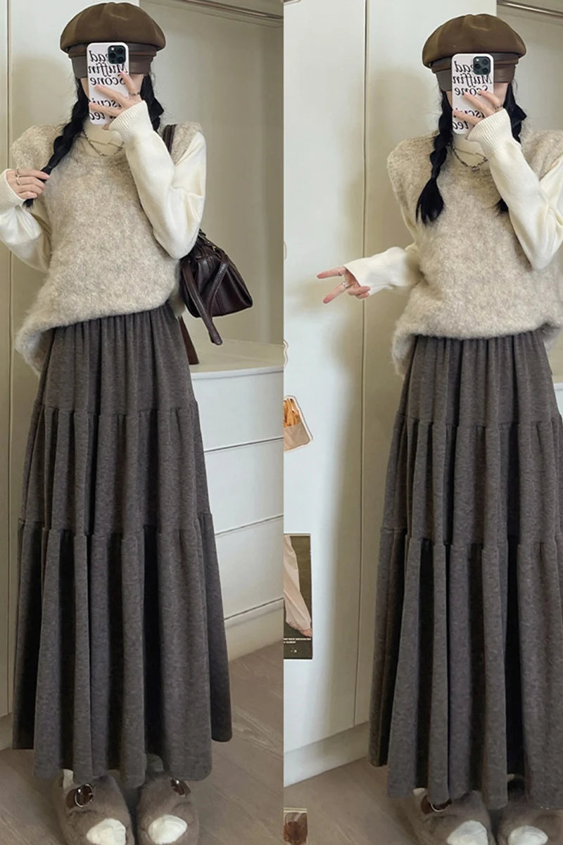 Autumn Casual Knit Pleated Skirt for Women Elegant Solid Color A Line Long Skirts Korean Streetwear High Waist Patchwork Skirt