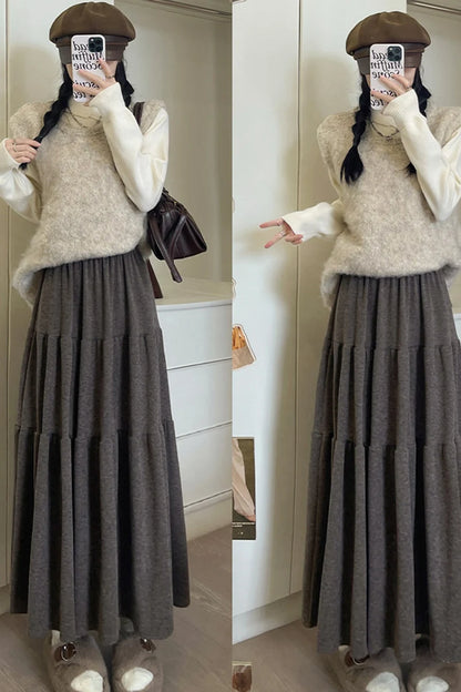 Autumn Casual Knit Pleated Skirt for Women Elegant Solid Color A Line Long Skirts Korean Streetwear High Waist Patchwork Skirt