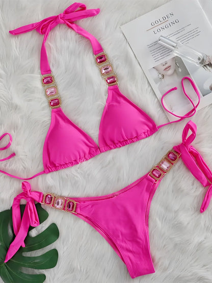 Sexy Rhinestone Bikini Set Women 2025 Luxury Pink Crystal Diamond Push Up Bandage Thong Swimsuit Beach Bathing Suit Swimwear