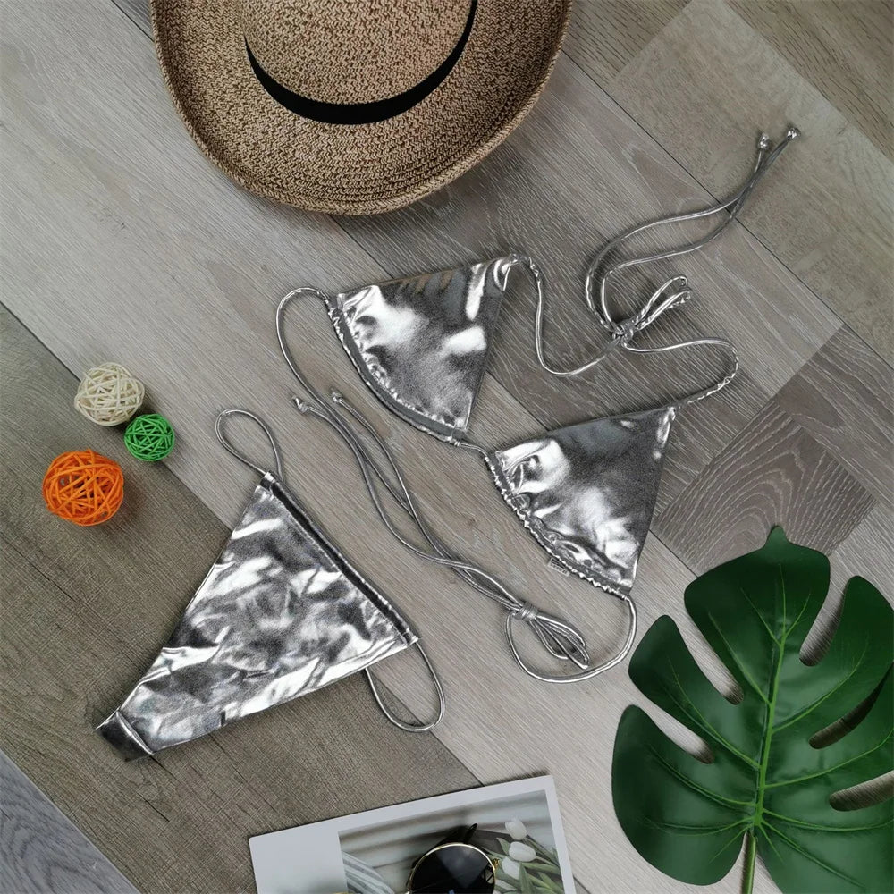 Sexy String Bikini Triangle Swimsuit Goth Silver Y2K Swimwear Women Backless Bathing Suit Micro Extreme Tanga mujer Beach Outfit
