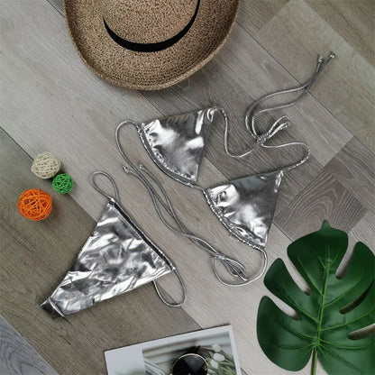 Sexy String Bikini Triangle Swimsuit Goth Silver Y2K Swimwear Women Backless Bathing Suit Micro Extreme Tanga mujer Beach Outfit