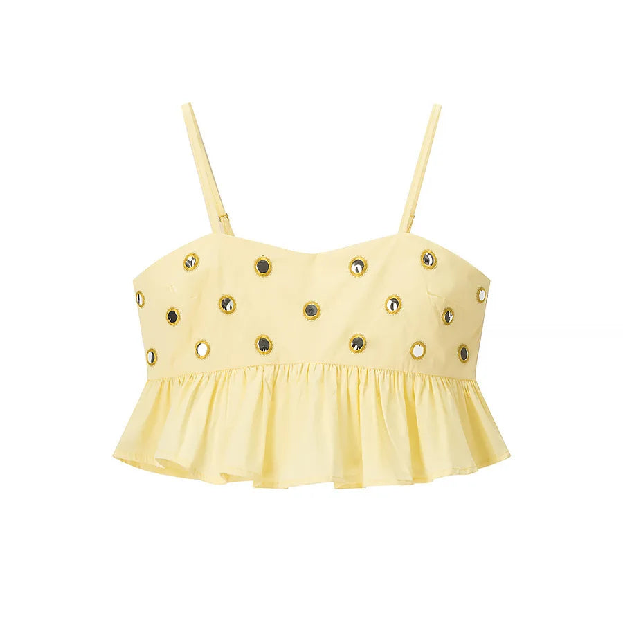 Women's Metal Hollow Pleated Suspender Skirt Two Piece Set Sexy Sleeveless Vest High Waist Mini Skirt Lady Vacation Dress Sets