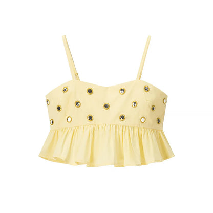 Women's Metal Hollow Pleated Suspender Skirt Two Piece Set Sexy Sleeveless Vest High Waist Mini Skirt Lady Vacation Dress Sets