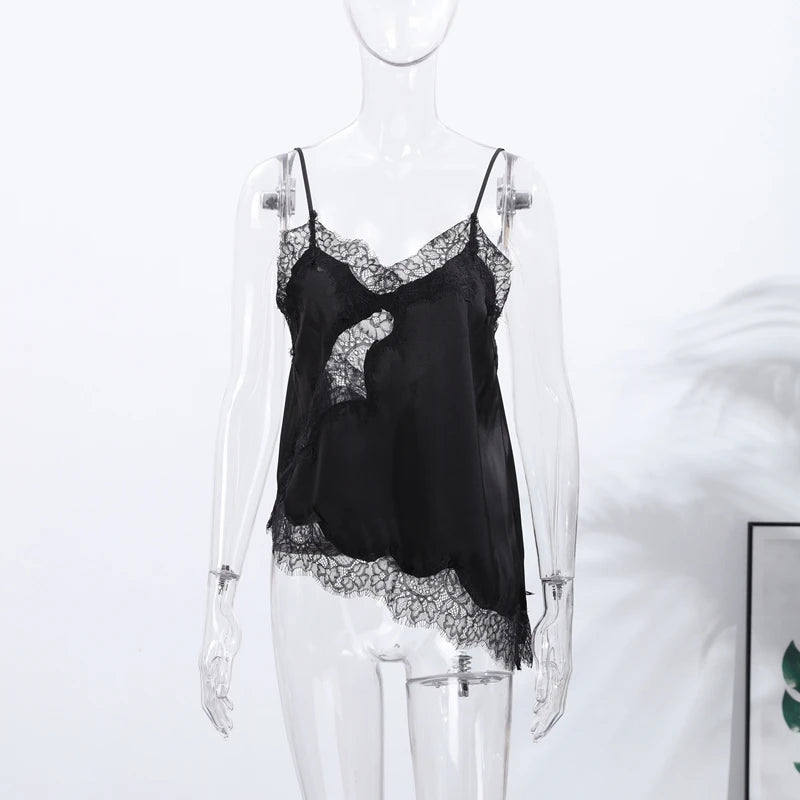 Brown Satin Sexy Lace Spliced Short Sling Dress Women V-neck Sleeveless Backless Asymmetric Party Dresses 2025 Summer Lady Robes