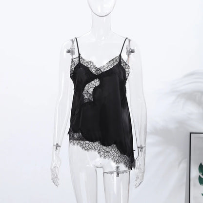 Brown Satin Sexy Lace Spliced Short Sling Dress Women V-neck Sleeveless Backless Asymmetric Party Dresses 2025 Summer Lady Robes