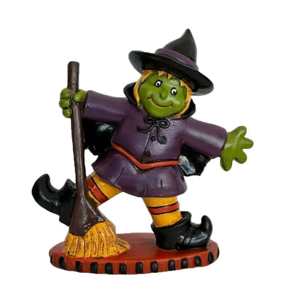 EtherealBe Halloween witch figurine with a broom and playful pose in vibrant colors