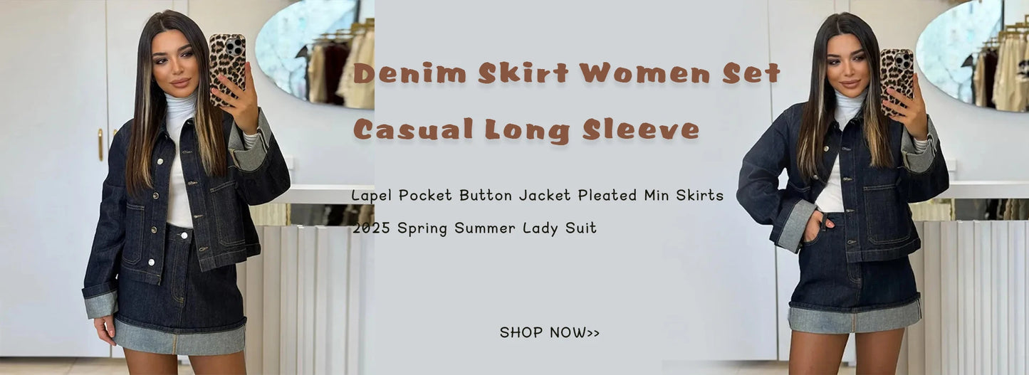Denim Skirt Women Set Casual Long Sleeve Lapel Pocket Button Jacket Pleated Min Skirts 2025 Spring Summer Lady Suit