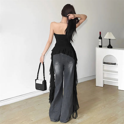 Nibber 2024 Spring New Solid Color Sweet Gentle Cute All-match High Street Travel Sexy Cool Women Chest Wrap ruched Tassel Vest