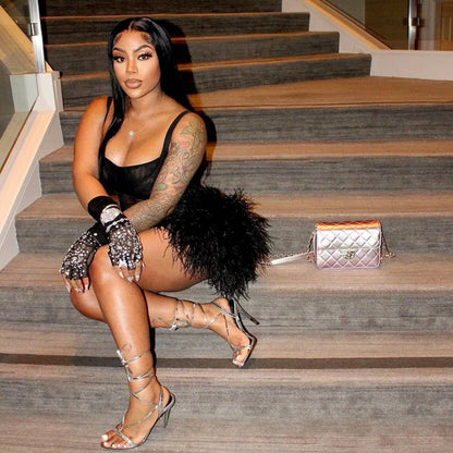 HLJ Black Sexy Mesh Perspective Patchwork Party Nightclub Dresses Women Thin Fur Mini Suspended Dress Female Halloween Clothing