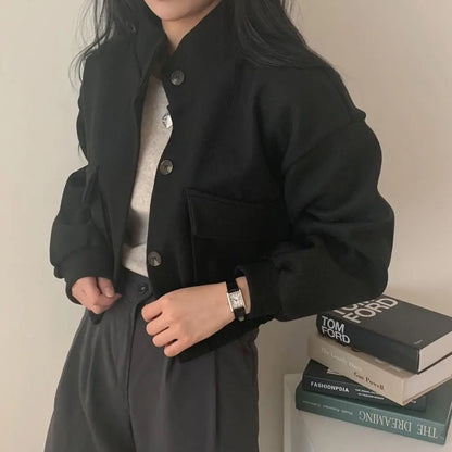 Autumn and Winter Loose Wool Coat for Women's Pocket Stand Collar Top Long Sleeve Button Hong Kong Style Wool Coat