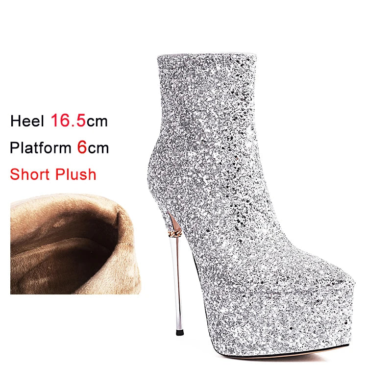 2025 New Autumn Winter Shiny Stiletto Ankle Boots Woman High Heels Glitter Bling Short Boots Women Platform Pointed Toe Shoes