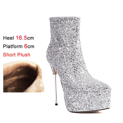 2025 New Autumn Winter Shiny Stiletto Ankle Boots Woman High Heels Glitter Bling Short Boots Women Platform Pointed Toe Shoes