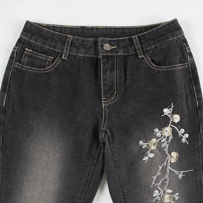 Weekeep Floral Embroidery Jeans Vintage 2000s Low Rise Flared Jeans Women Retro y2k Baggy Denim Pants High Street Basic Trousers