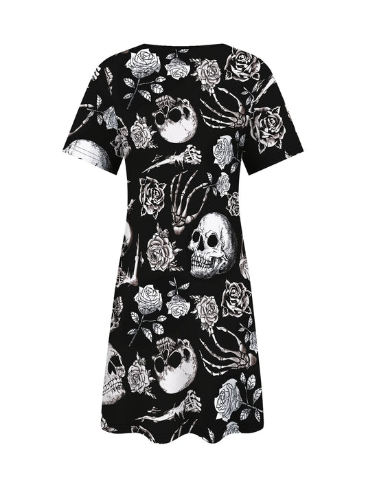 EtherealBe Gothic Skull Dress for Women with Floral Design and Short Sleeves