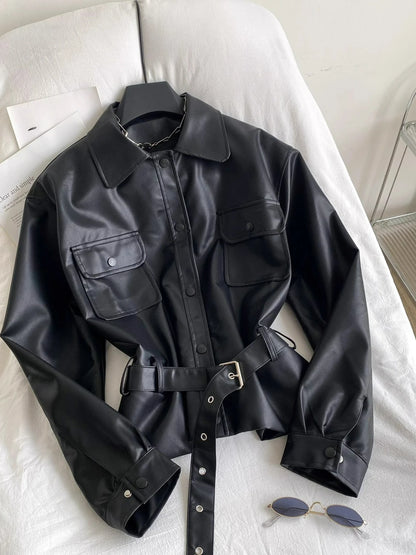 Fashion Tied Waist Long Sleeved Jacket for Women Autumn 2025 Casual Pocket Leather Jackets