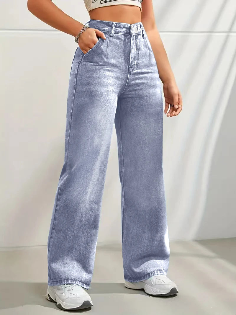 Women's trendy discount craft mid-waist wide leg jeans