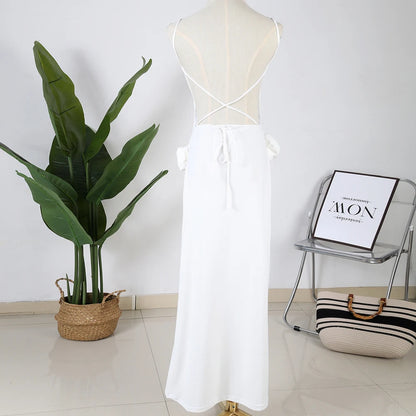 3D Floral Lace Up Backless Cover Up For Women Beach dress High Slit Hollow Out Dress 2023 Summer Sexy Beach Vacation Outfit
