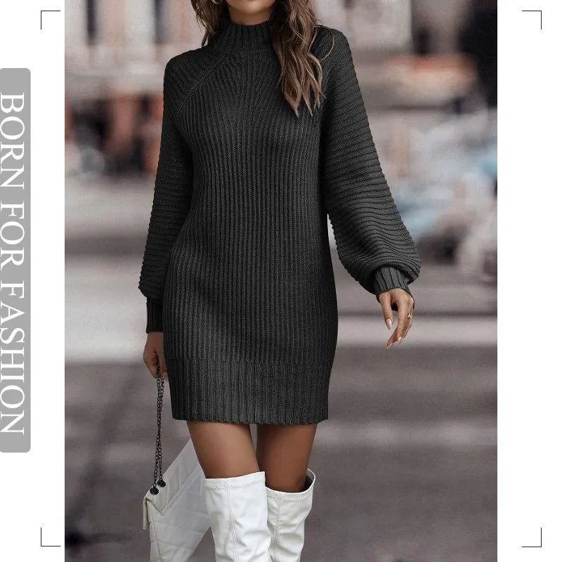 Vintage Winter Knitted Dress Ladies Chic Turtleneck Lantern Long Sleeve Mini Sweater Dresses for Women New Arrival 2023 Clothes