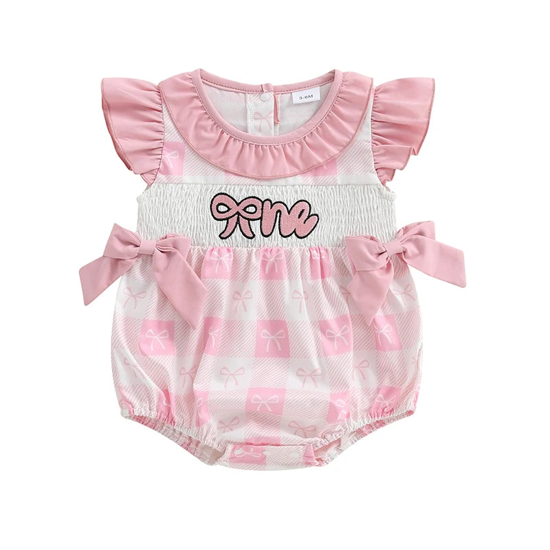 EtherealBe plaid patchwork romper for infants with pink ruffle sleeves and playful design
