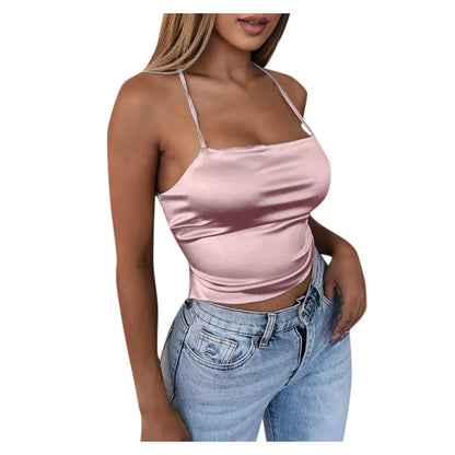 Slim Backless Crop Tops Soft Ice Silk Sexy Camisole Women's Club Party Bandage Camis Y2k Sexy Tank Tops Blusas Ropa De Mujer