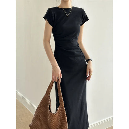 Slim Fit T-irt Dr Women's Spring Summer ort Sve Pleated Waist Cinching A-Line Midi Dr Small Stature 50