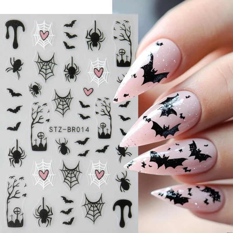 Spooky Halloween Stickers For Nails Cartoon Ghost Spider Web Heart Designs Spider Bat Adhesive Decals Holiday Manicure Supplies