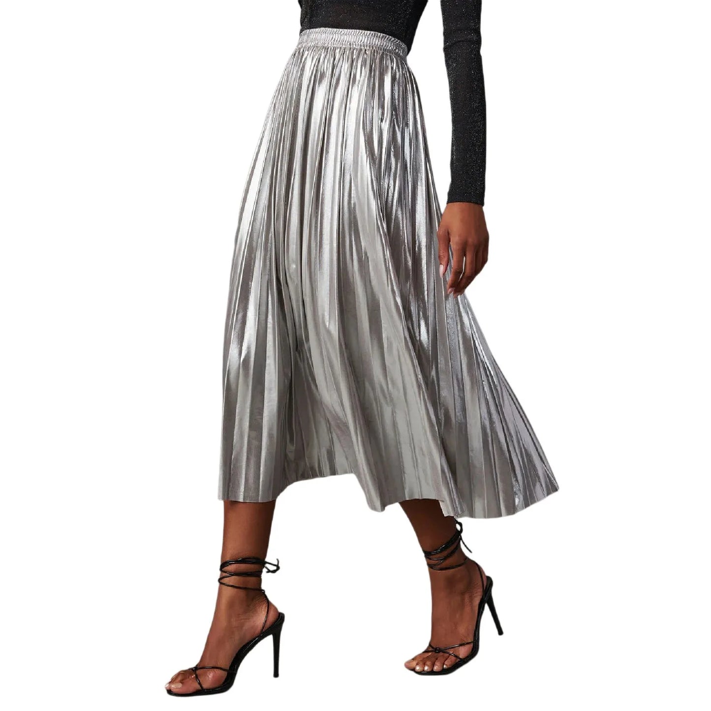 Silver A Line Skirts Hot Stamping Shiny Pleated High Waist Pleated Skirt Anti Permeability Length Autumn Shinny Korean Bottoms
