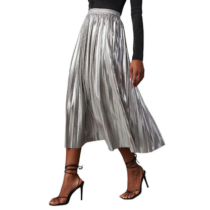 Silver A Line Skirts Hot Stamping Shiny Pleated High Waist Pleated Skirt Anti Permeability Length Autumn Shinny Korean Bottoms