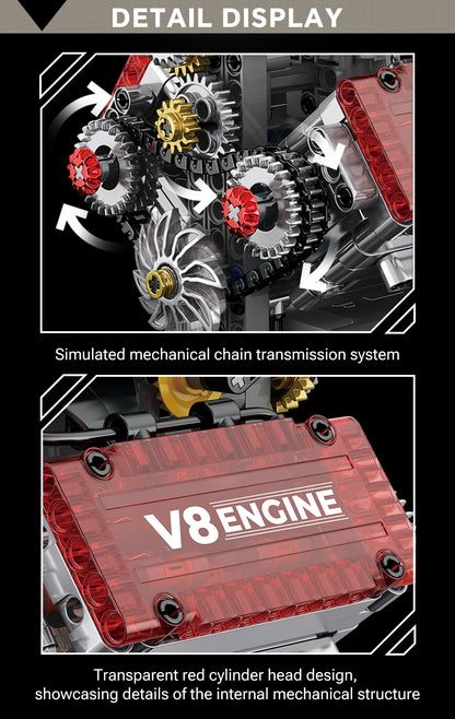 Brick V8 Engine Motorized Simulation Model Electrically Drive Building Blocks Technical Car Parts Creative Toys Gifts Boys Adult