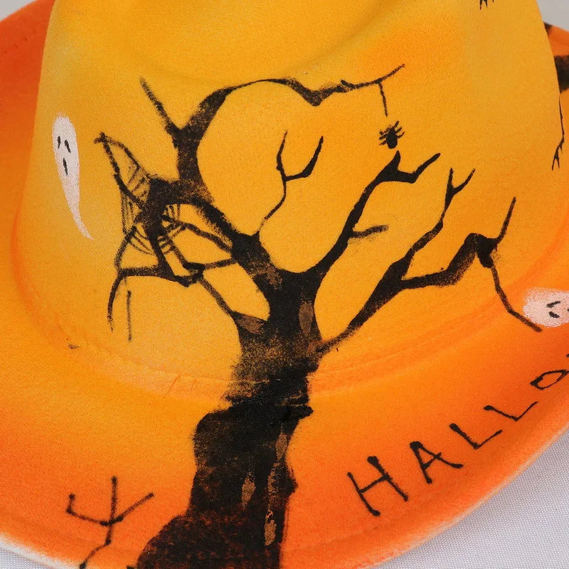 EtherealBe Halloween cowboy hat for adults featuring ghost and tree designs in vibrant orange