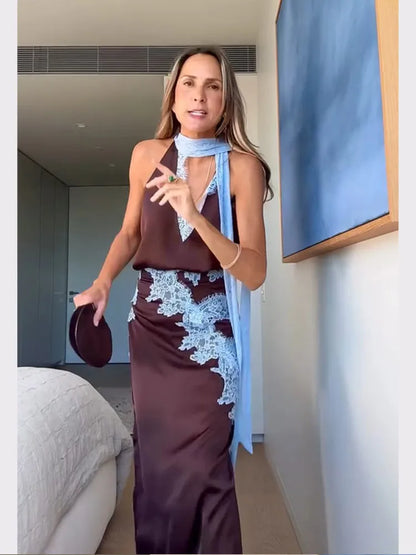 Contrast Patchwork Lace Maxi Skirt Suit Women Satin V-neck Sleeveless Skirts Suits 2025 Lady Summer Casual Daily 2 Pieces Set