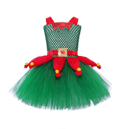 Girls Christmas Elf Cosplay Costume Carnival Party Kids Santa Claus Princess Tutu Dress Children's Xmas Role Play Fancy Dress-up